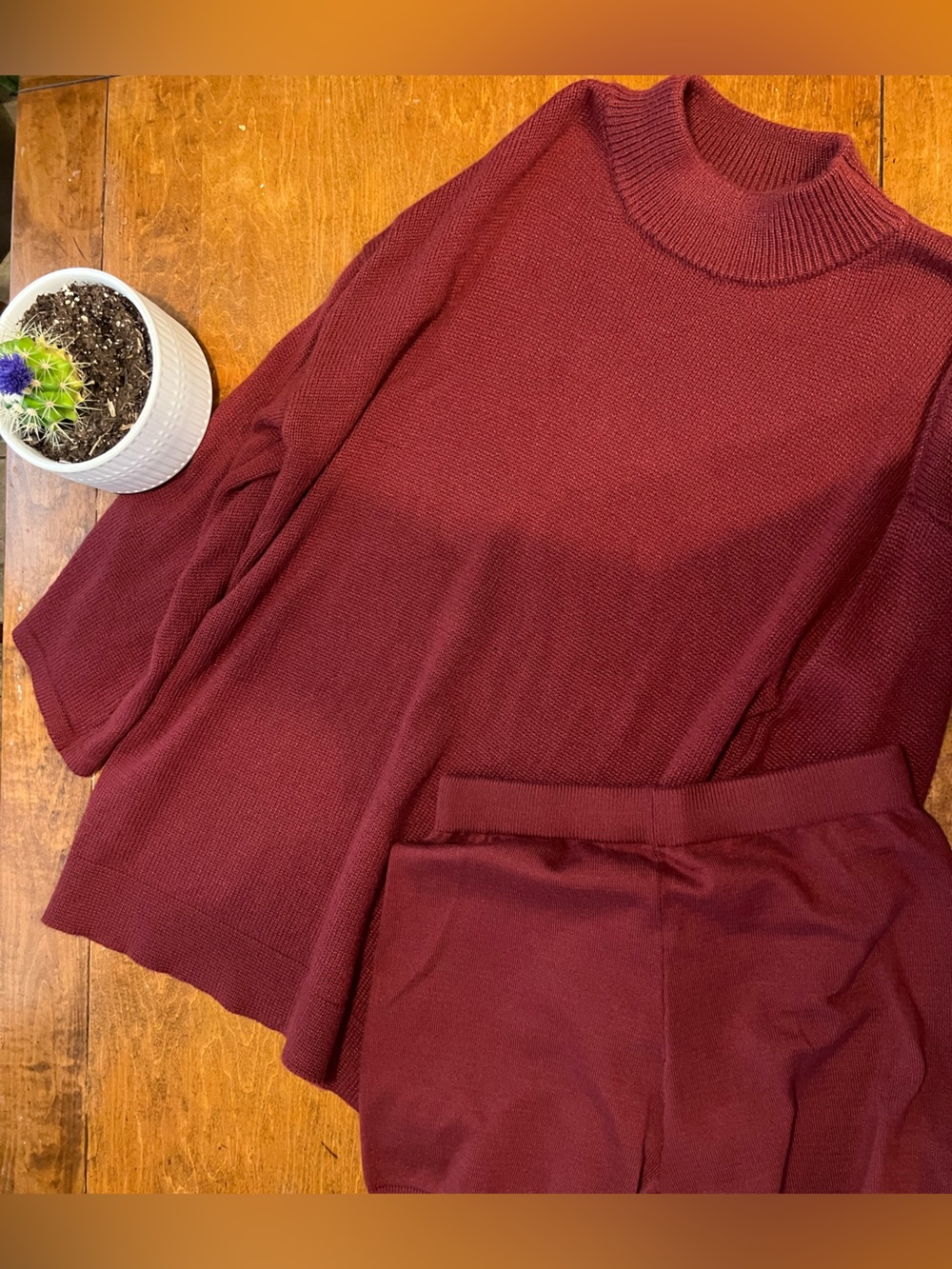 Burgundy Knit Lounge Set Womens Large Cozy Sweater & Shorts Matching Set